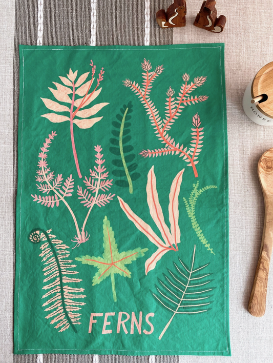 Pink and Green Ferns Tea Towel