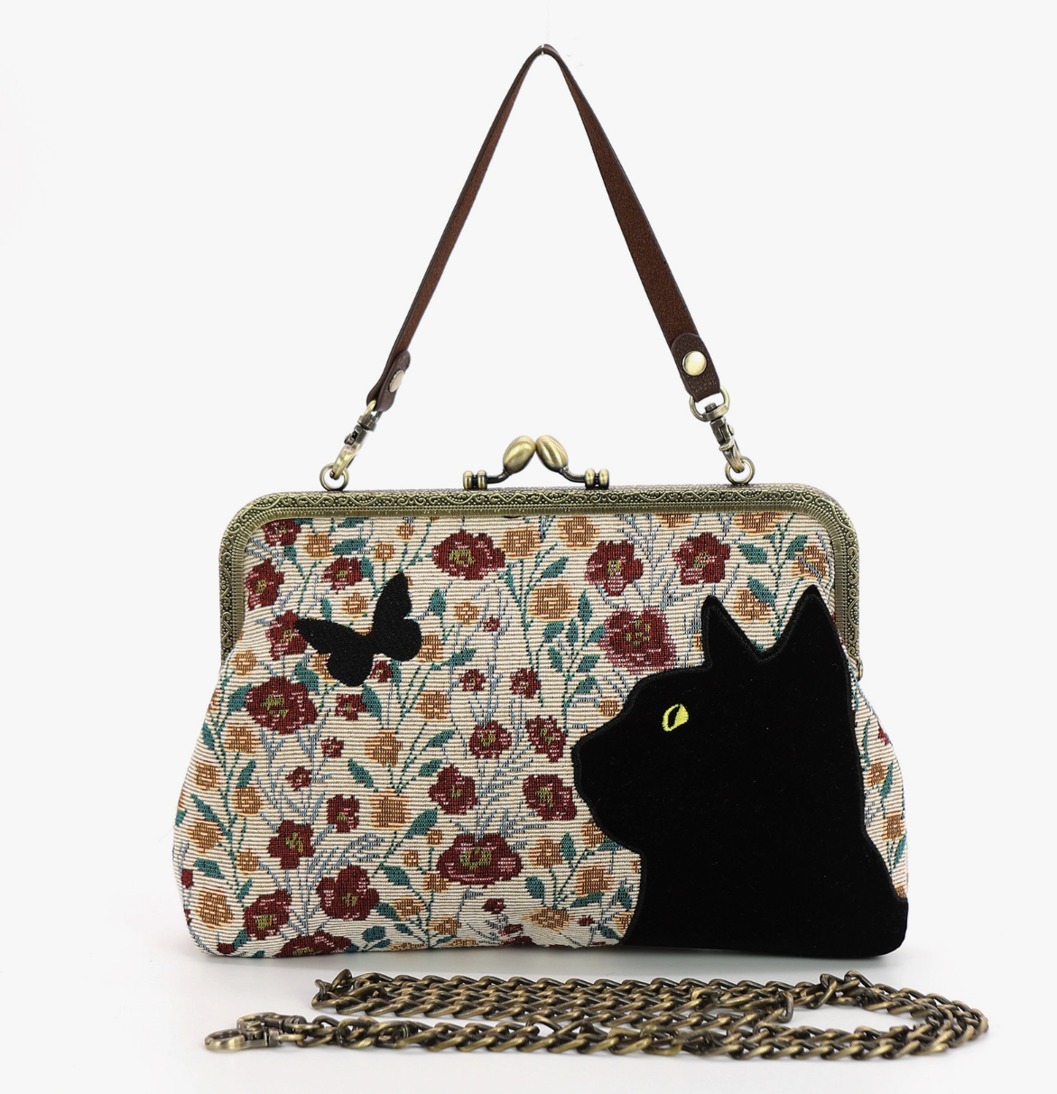 Floral Black Cat Kiss Lock Bag in Cotton Fabric