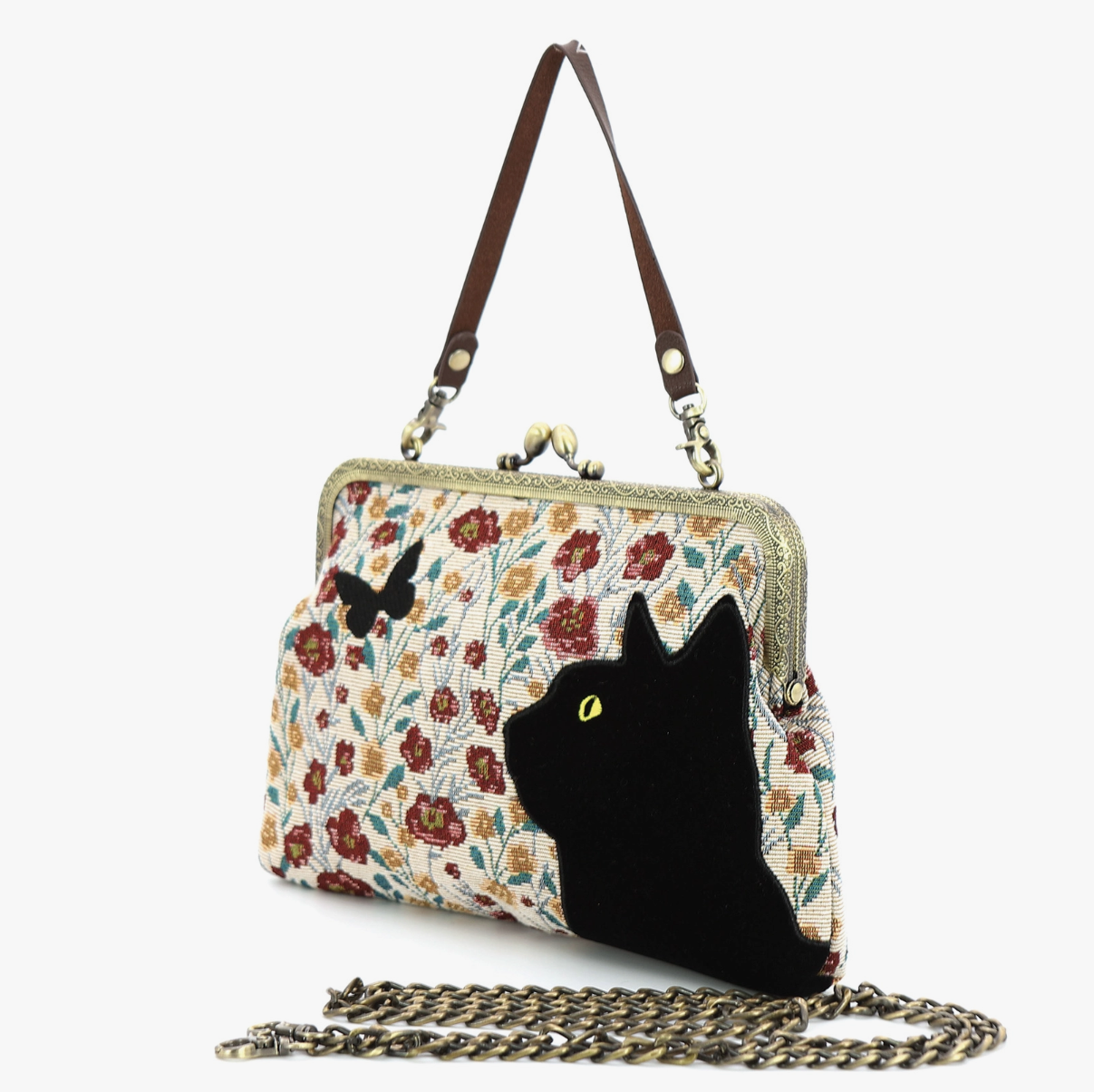 Floral Black Cat Kiss Lock Bag in Cotton Fabric