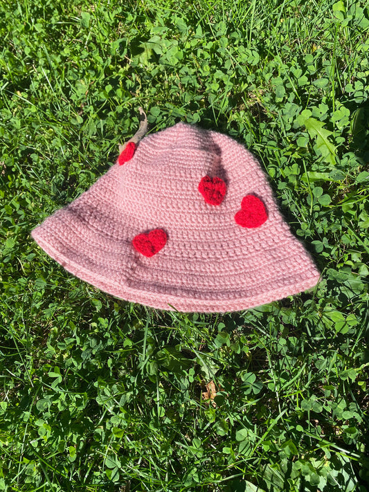 Pink Crocheted Bucket Hat with Red Heart Appliques | Handmade Hat | Adorable Summer Accessory | Gift Idea