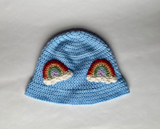 Blue Pride Bucket hat with rainbows, gift for they/them she/her he/him ze/hir