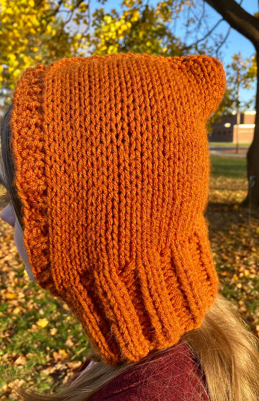 Miriam, orange balaclava winter warm hat with cowl hood handmade hand knit homemade yarn knitting