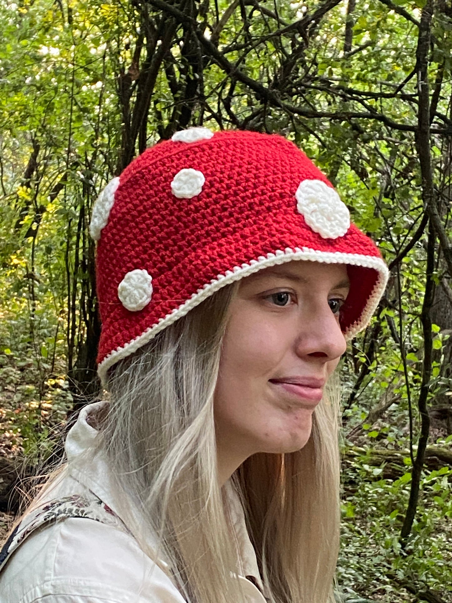 Mushroom Red and White Spot Crocheted Bucket Hat | Handmade Hat | Adorable Summer Accessory | Gift Idea