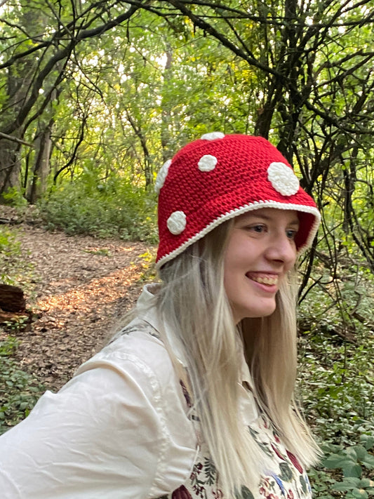 Mushroom Red and White Spot Crocheted Bucket Hat | Handmade Hat | Adorable Summer Accessory | Gift Idea