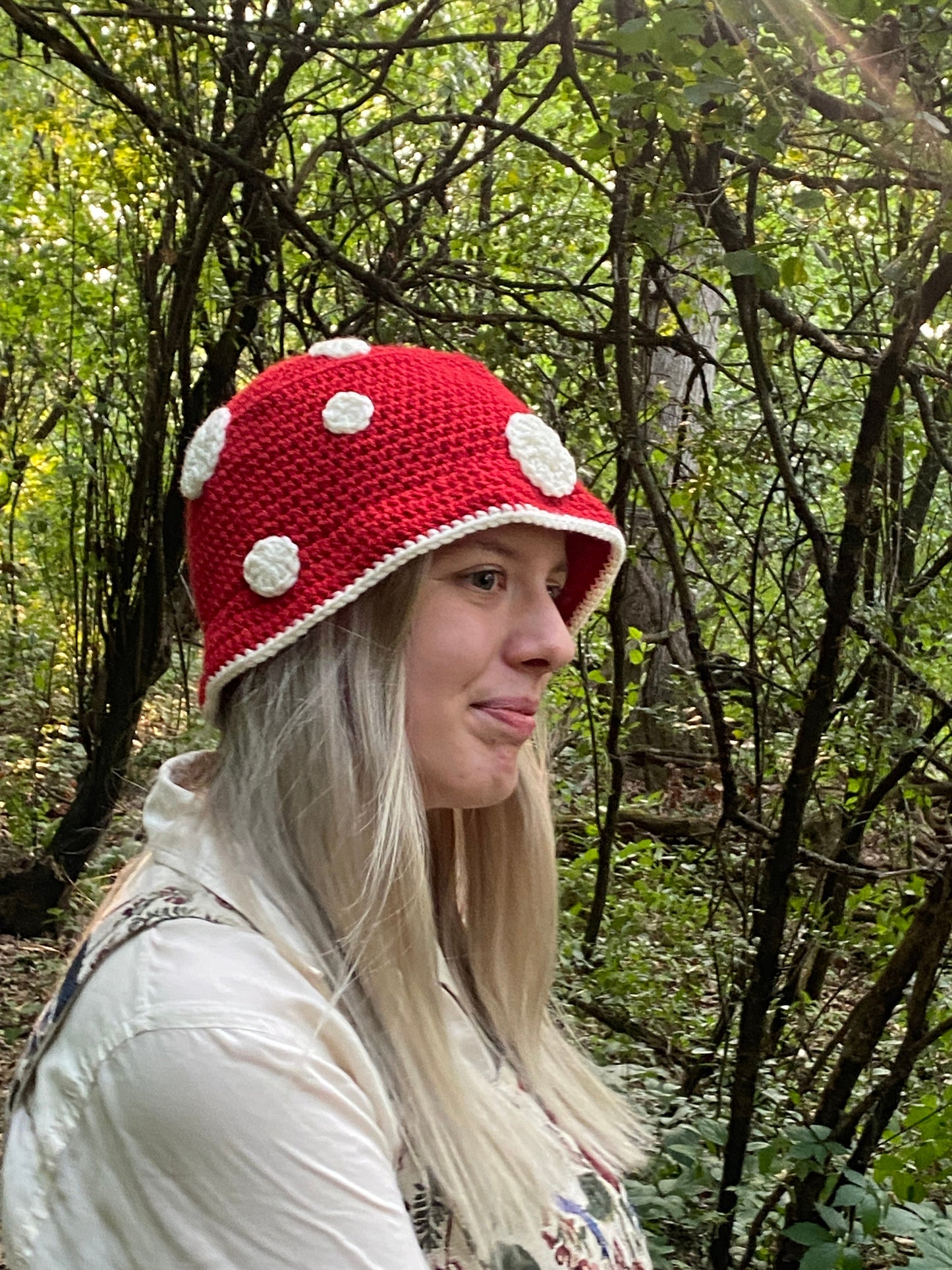 Mushroom Red and White Spot Crocheted Bucket Hat | Handmade Hat | Adorable Summer Accessory | Gift Idea