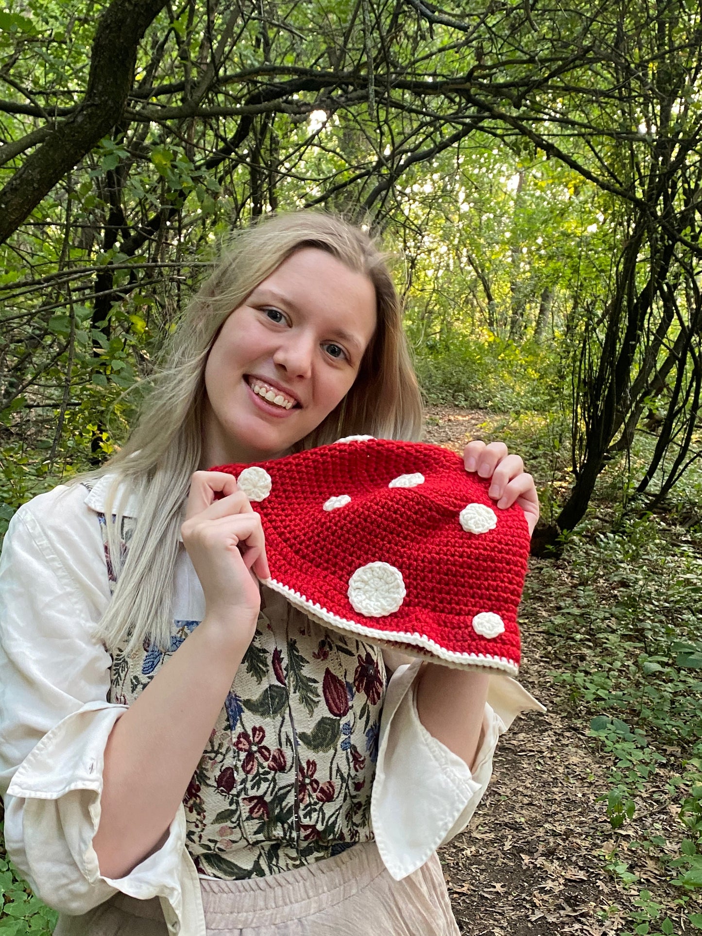 Mushroom Red and White Spot Crocheted Bucket Hat | Handmade Hat | Adorable Summer Accessory | Gift Idea